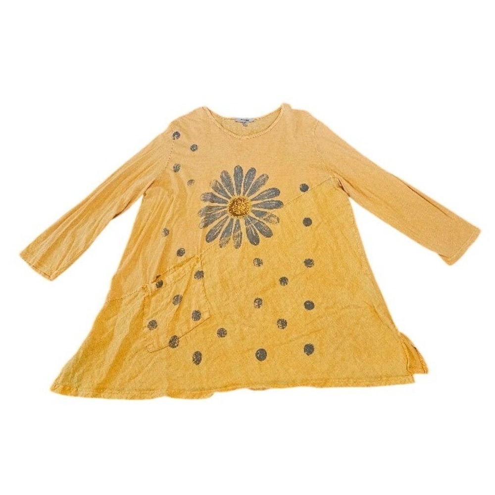 Jess & Jane Womens 2X Daisy Polka Dot Cotton Tunic Top Mustard Yellow Lagenlook